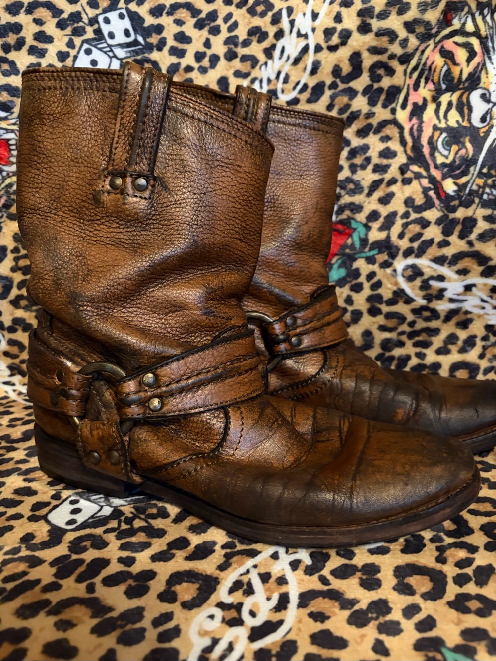 VINTAGE FRYE RARE Maxine Trapunto Brown Leather Harness Boots Women's style#7792 - Picture 9 of 10
